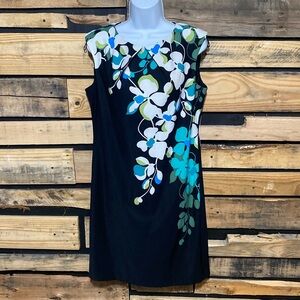 NWT Women's New York & Co Jet Black White Floral Print‎ Summer Shift Dress 14